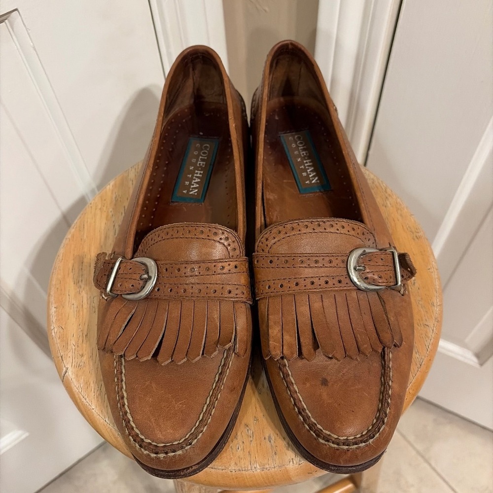 Cole's Haan Country Mens Tan Leather Kiltie Loafers Buckle Fringe Size 11D